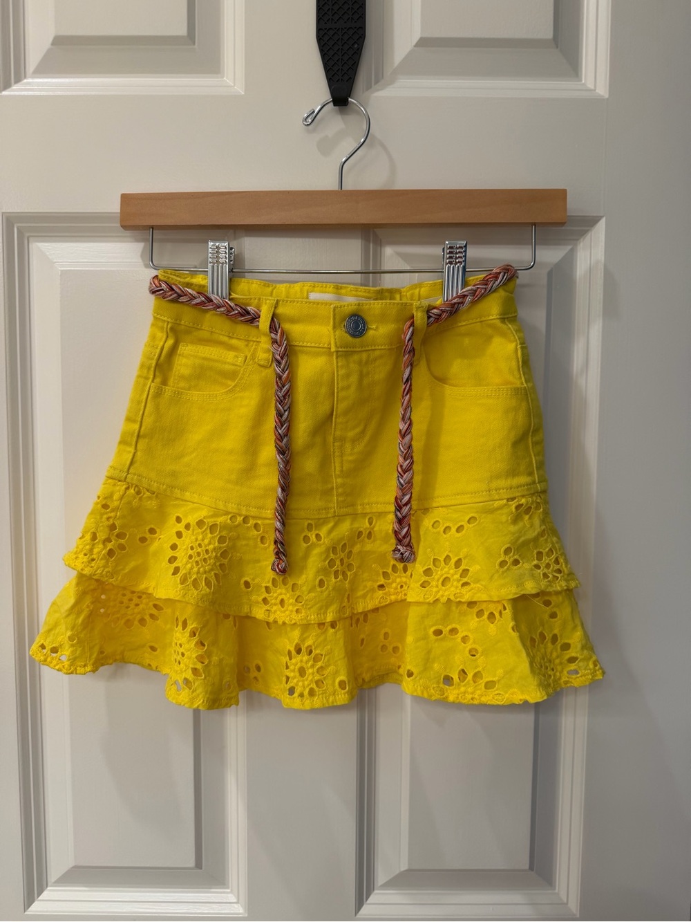 Desigual Bright Yellow Eyelet Tiered Mini Skirt with Braided Belt